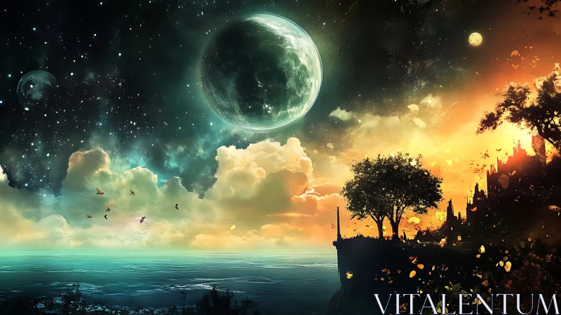 Twin-sun cliffside kingdom under a wandering emerald moon.