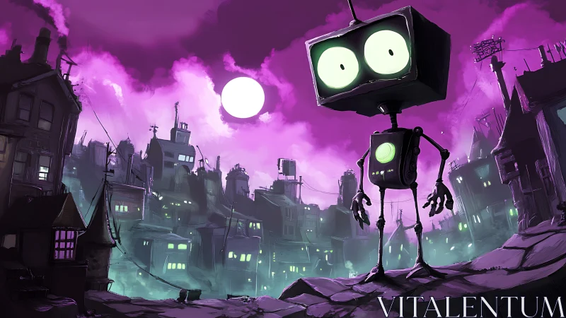 Moonlit glitch-bot wanders a neon-smog mechanical cityscape.