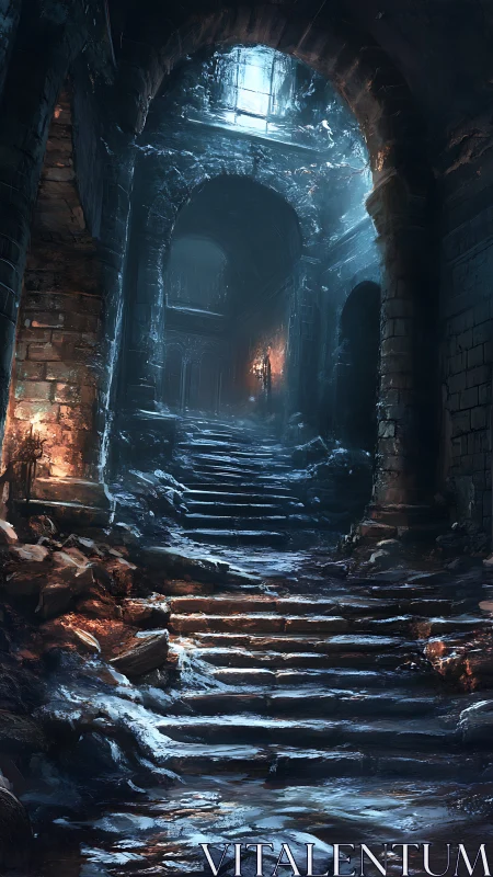 Moonlit ruin stairway ascending through ancient echoes.