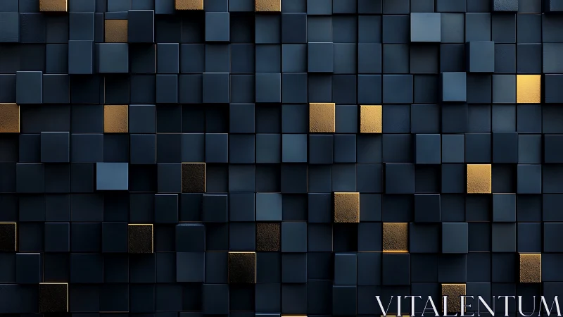 Dark geometric grid with scattered metallic gold cubes.