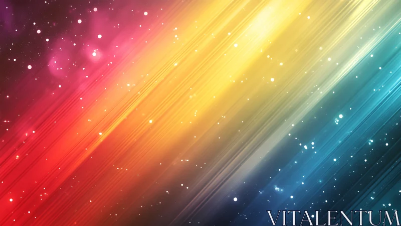 Diagonal spectral light field with cosmic particle accents.