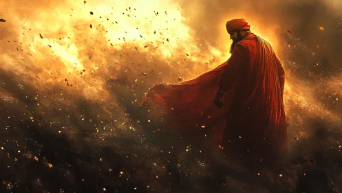 Solitary robed figure strides through burning golden storm
