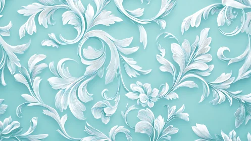 White baroque floral scrolls over teal embossed background.