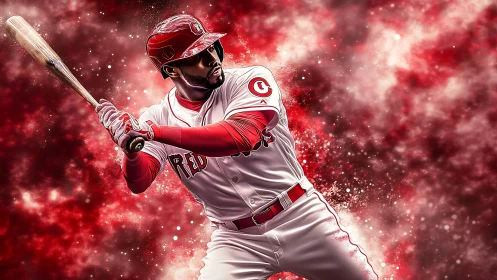 Baseball slugger readies powerful swing amid red energy.