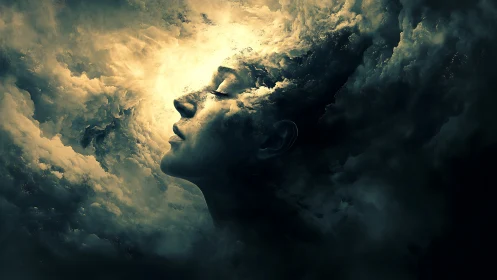 Human profile merged with luminous abstract cloud mass.