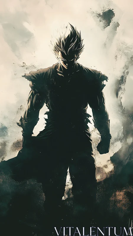 Backlit anime warrior silhouette amid turbulent abstract mist