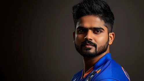 Studio portrait of male athlete in blue sports jersey.
