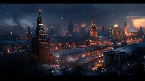 Digital painting of nocturnal Kremlin skyline in winter storm.