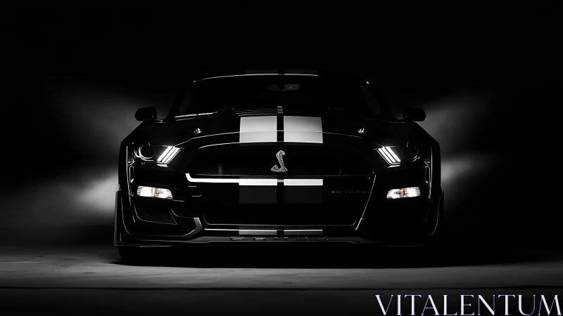 High-contrast studio front view of striped performance coupe.