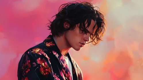 Melancholic young man in floral jacket against diffuse sunset field