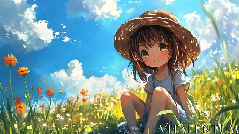 Child in straw hat seated in wildflower meadow under sky.