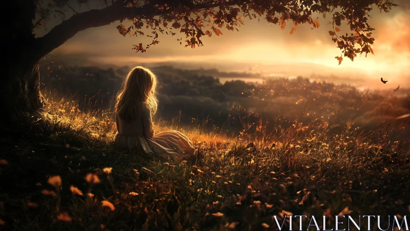 Girl sits under tree watching glowing sunset hillside.
