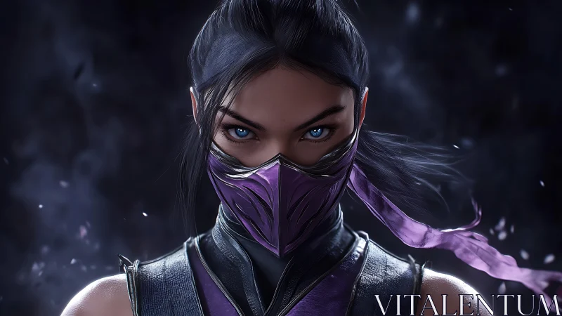 Masked warrior in purple armor with intense blue gaze.