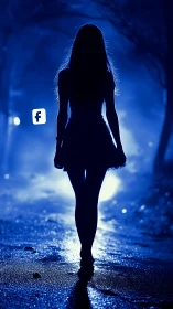 Silhouetted woman on neon street with floating Facebook icon.
