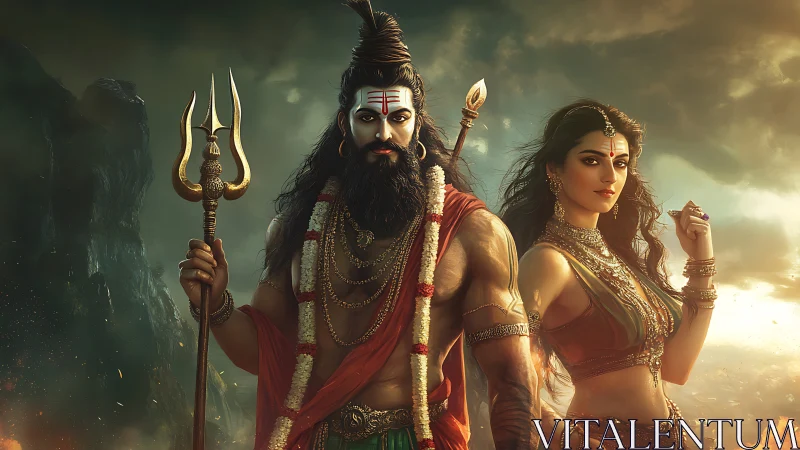 Divine warrior couple stand before storm-lit sacred cliffs