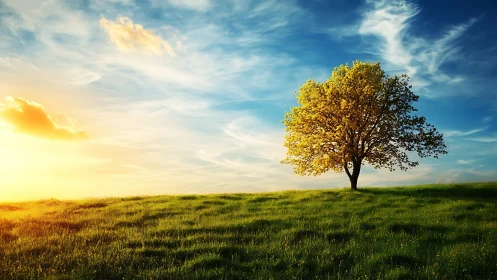 Lone Tree on Green Meadow at Sunrise, Vibrant Natural Landscape.