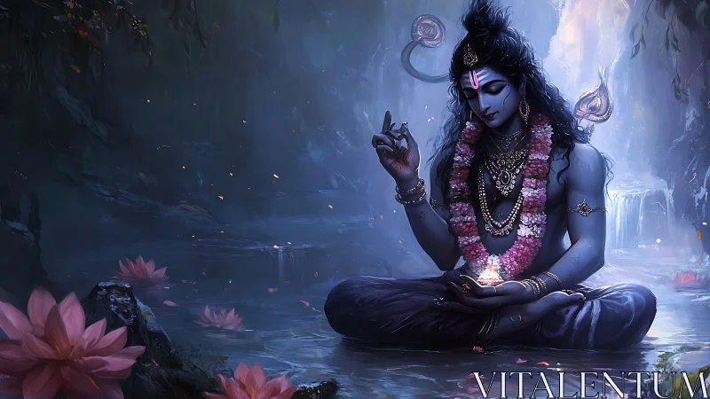 Meditating blue deity holds glowing lotus in misted grotto.