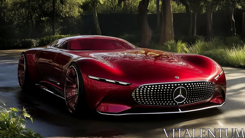 Red Mercedes concept car sits on sunlit forest road
