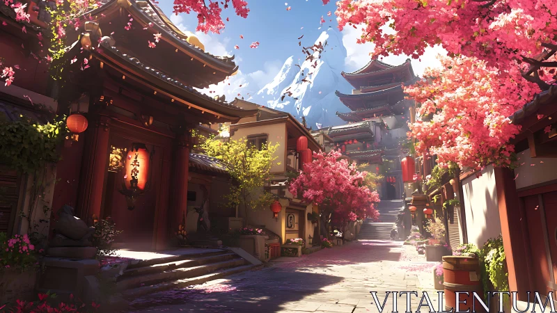 Cherry blossom temple street under bright mountain sky.
