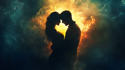 Silhouetted Profiles Embracing Within Incandescent Radiance.