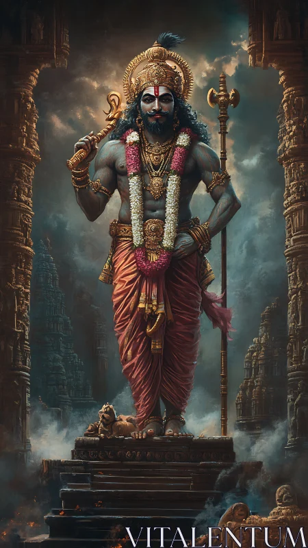 Storm-lit guardian strides through embers and temple mist