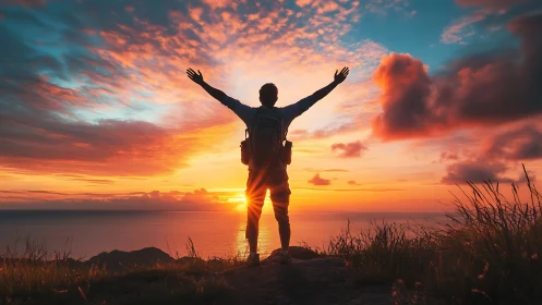 Hiker silhouette stands over ocean against vivid sunset sky.