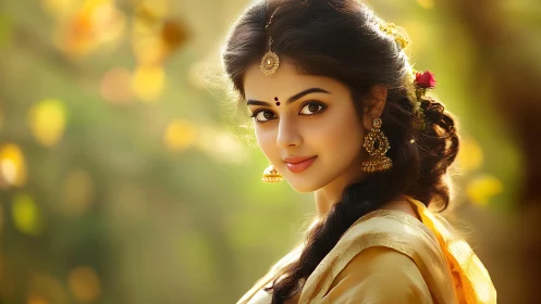 Traditional portrait of Indian woman in golden sunlight.