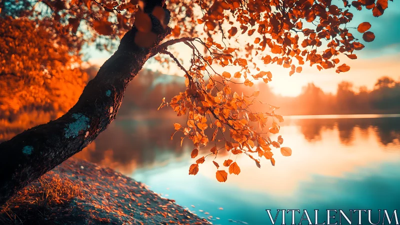 Leaning autumn tree reflects warm sunset over quiet lake