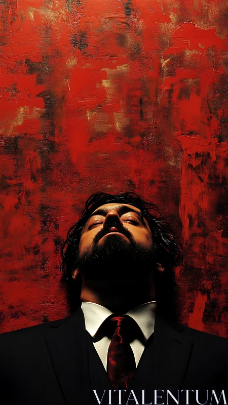 Man in suit against textured red background, upward pose.