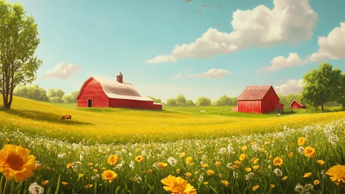 Red agricultural buildings stand in yellow flowering pastureland