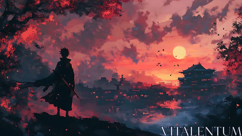 Silhouetted swordsman observing distant city at sunset.