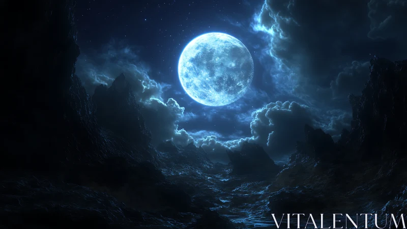 Luminous full moon over jagged alien canyon under starfield