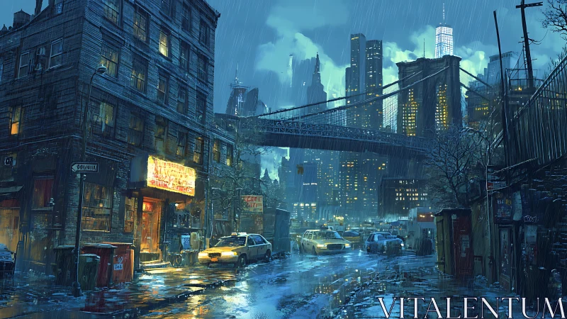 Rain-soaked neo-noir bridge district with wet reflective streets