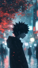 Solitary anime boy in neon city rain at night streetscape.