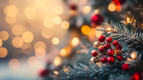 Frosted Christmas branch with berries and warm bokeh lights.