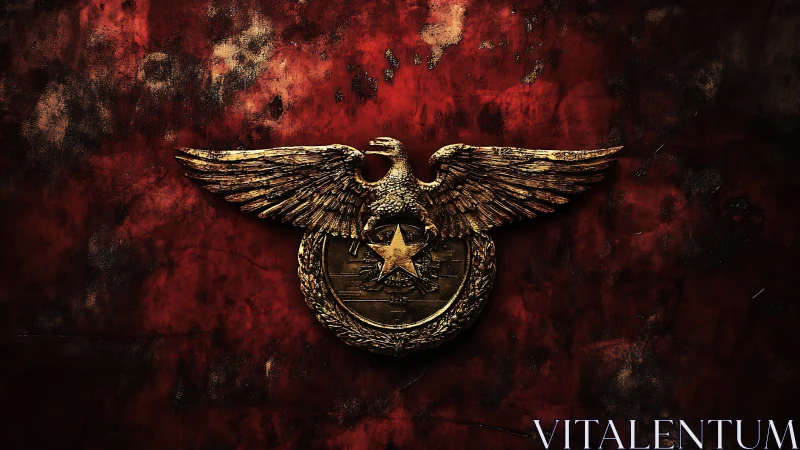 Golden eagle crest spreads wings over distressed red field