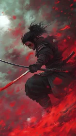 Battle-worn samurai in crimson energy vortex, dual katana poised
