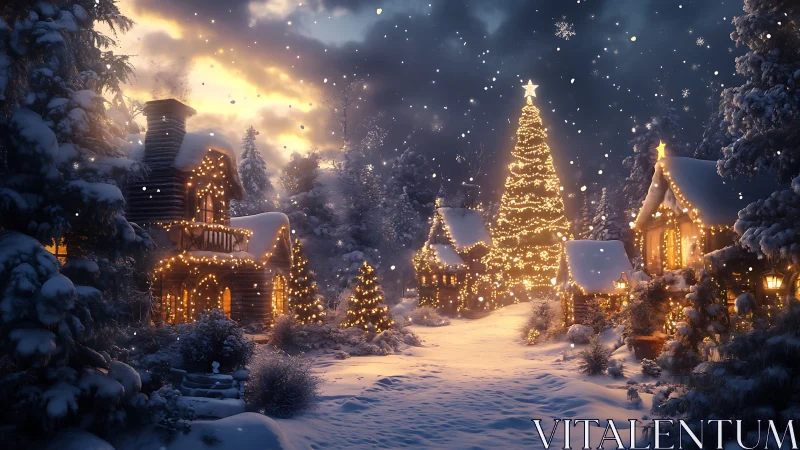 Snow-kissed village glows beneath a towering starry tree.