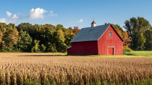Rural barn elevation in late-summer field, frontal composition.