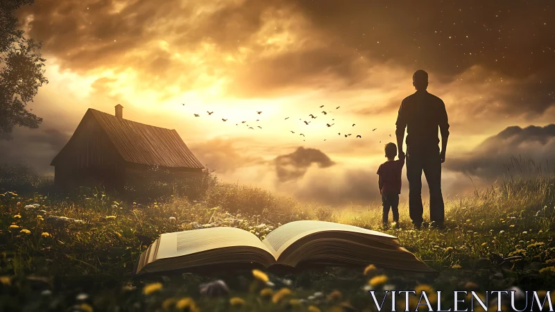 Sunlit meadow storyscape with open book and distant figures