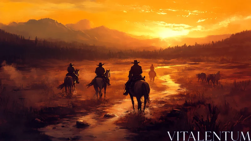 Cowboys on horseback traverse reflective river under saturated sunset