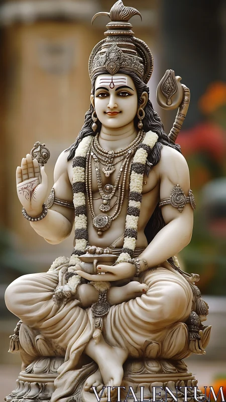 Photorealistic sculptural rendering of seated Hindu deity form.