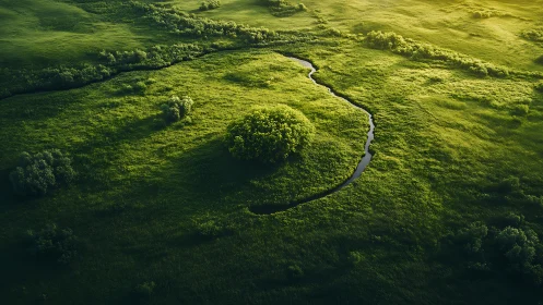 Emerald meadow river curls around a lone sunlit grove.