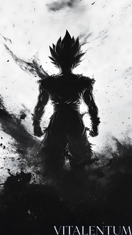 Silhouetted spiky haired warrior figure in ink splatter field.