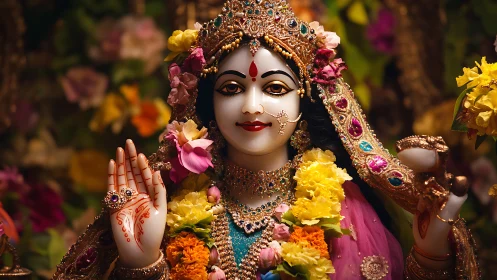Garlanded goddess idol glowing in jeweled festive splendor.