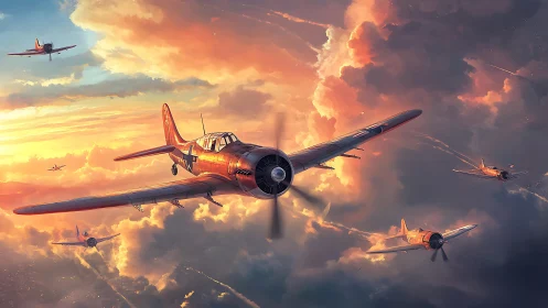 Sunset warbirds cutting through dramatic storm clouds.
