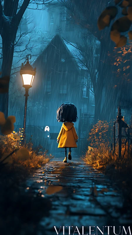 Child in yellow raincoat walks alone on wet path at night