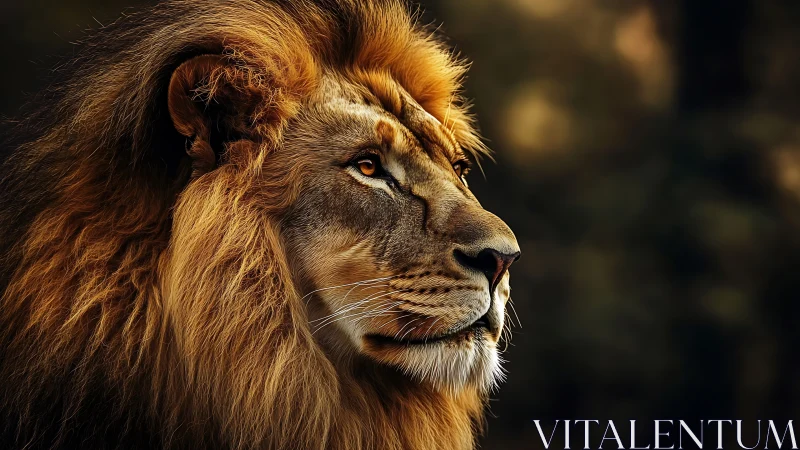 Majestic lion profile under warm rim lighting at dusk.