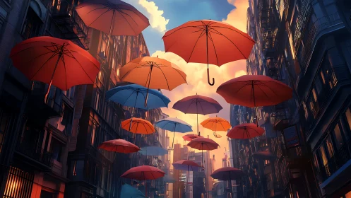 Floating umbrellas drift through a sunlit city canyon.