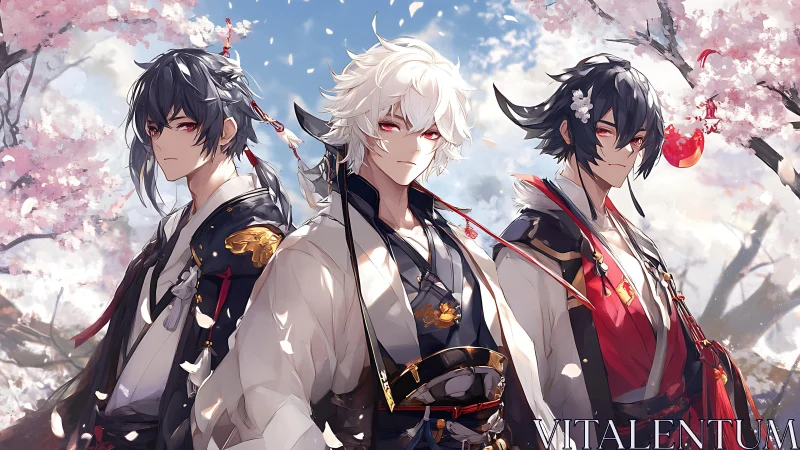 Spring samurai trio beneath drifting cherry blossoms.